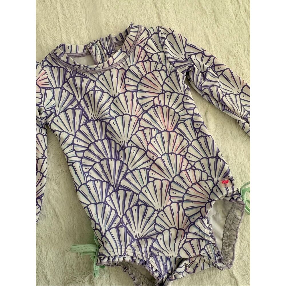 Ruffle Butts Purple and Pink Shell-Print Kids Rashguard